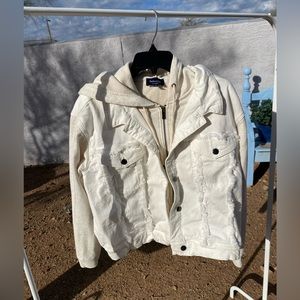 White Spledid denim jacket with attached cream cotton hoodie, women’s XL